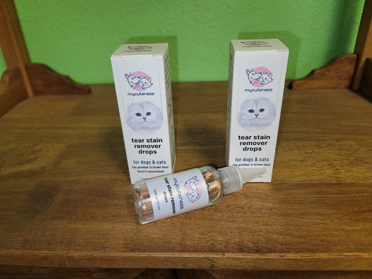 Before and after results of My Cuteness Pet Tear Stain on a kitten’s fur