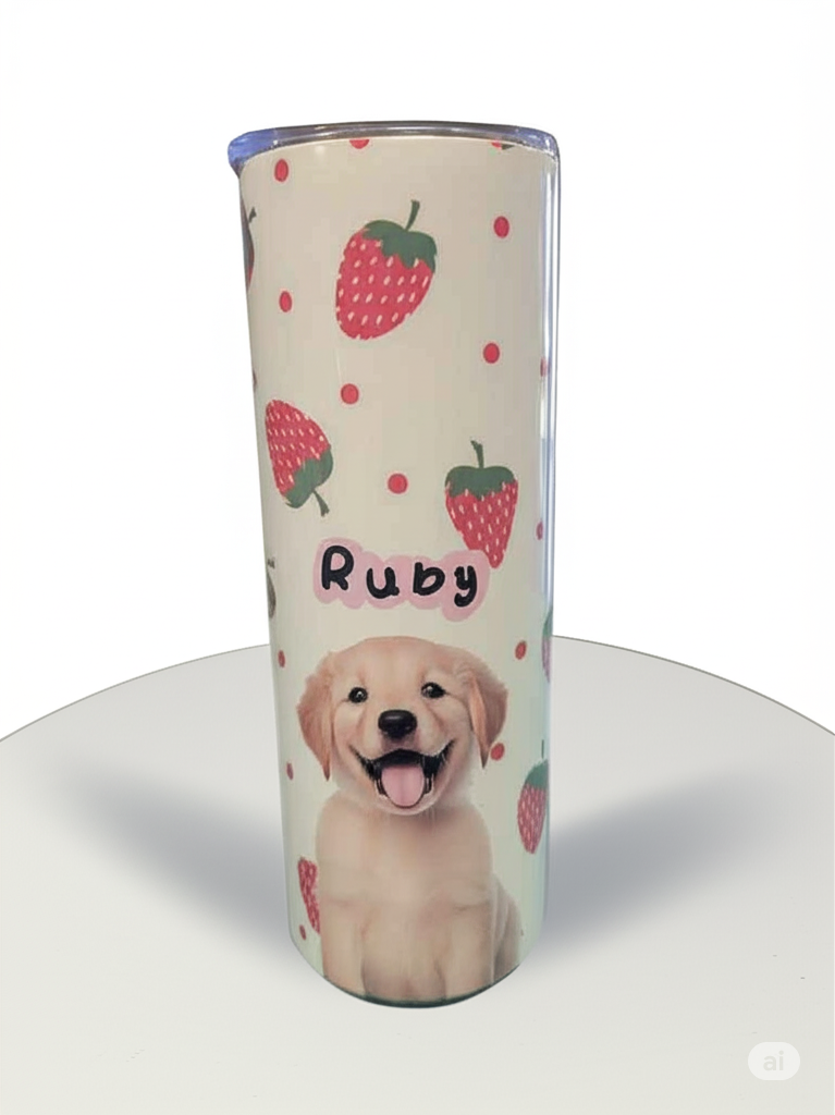 Stainless steel Custom Pet Tumbler featuring a golden retriever design